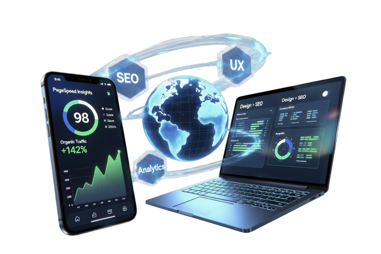 Digital globe with mobile and laptop showing SEO and organic traffic growth